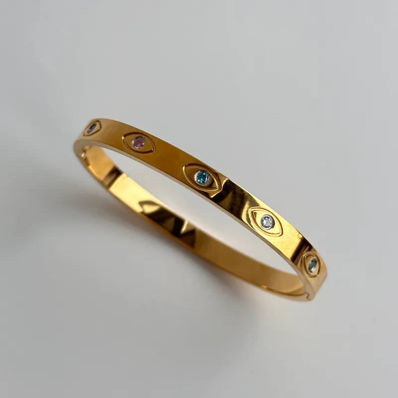 Luxury bracelet with Devil's Eye symbol, zirconium, 18K gold plating, stainless steel