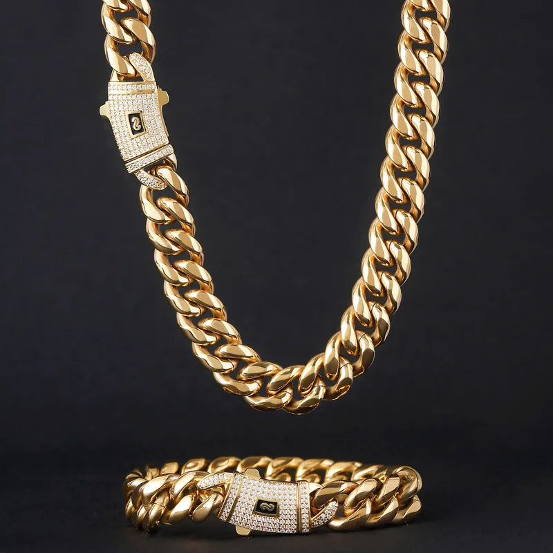 Lanț bărbați tip Cuban Link, design geometric, oțel inoxidabil 316 placat cu aur 14K 6mm/45cm