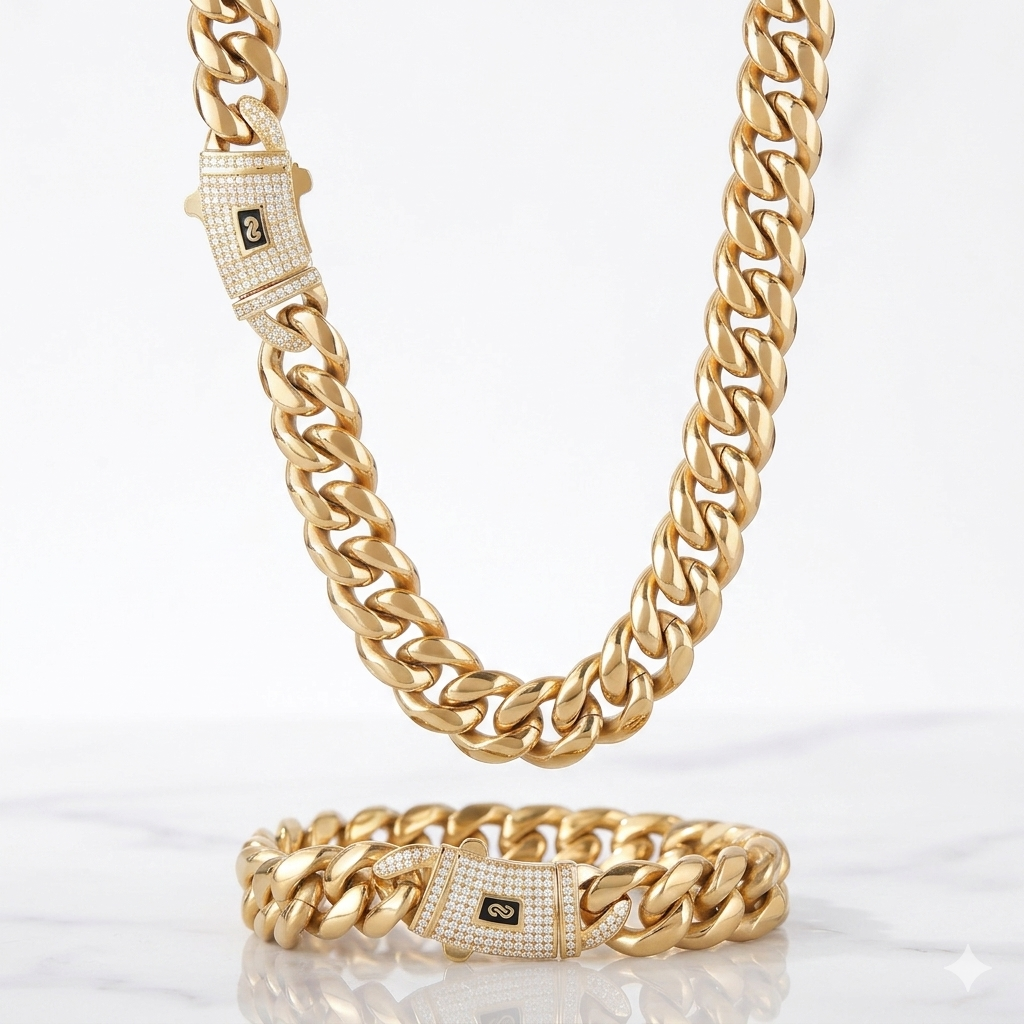 Lanț bărbați tip Cuban Link, design geometric, oțel inoxidabil 316 placat cu aur 14K 6mm/45cm