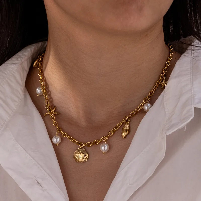 Set Bijuterii Starfish Placat cu Aur 18K – Oțel Inoxidabil & Perlă Elegantă