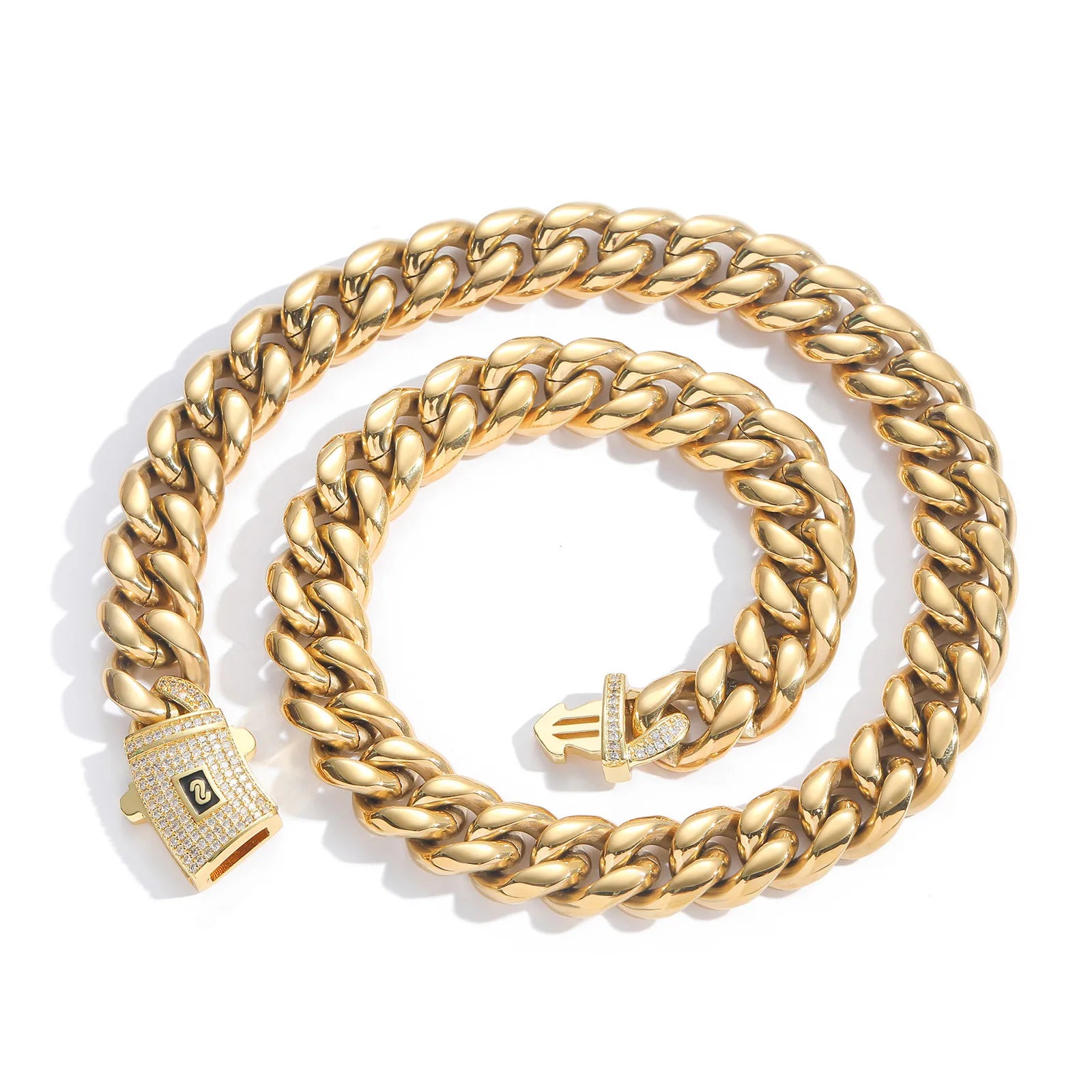 Lanț bărbați tip Cuban Link, design geometric, oțel inoxidabil 316 placat cu aur 14K 6mm/45cm