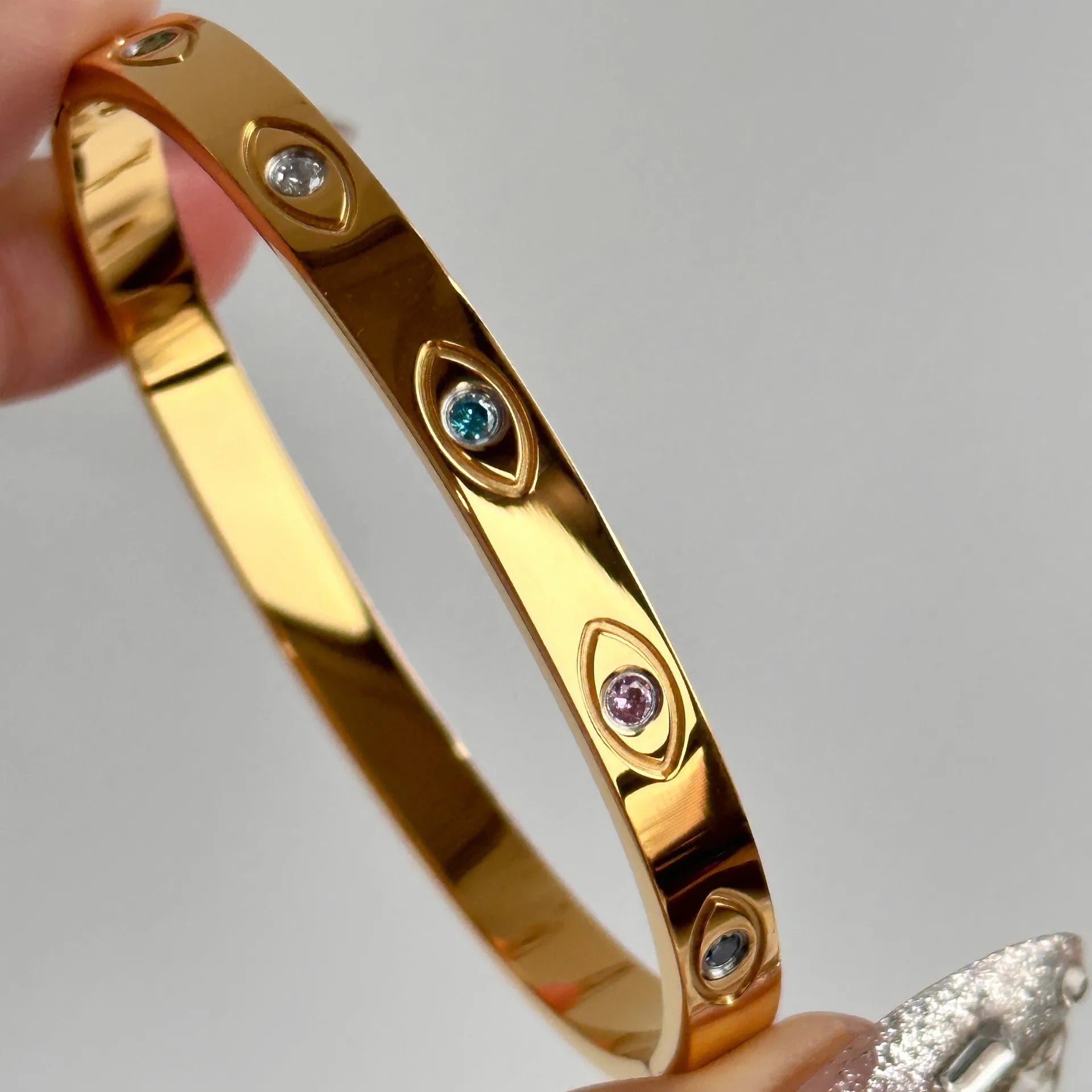 Luxury bracelet with Devil's Eye symbol, zirconium, 18K gold plating, stainless steel
